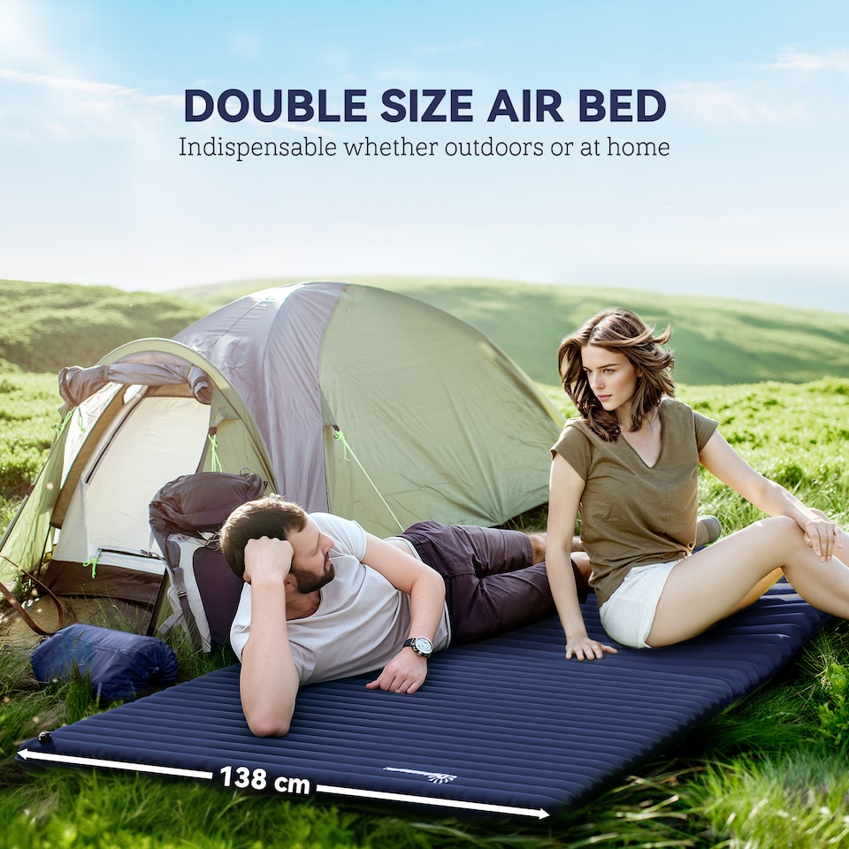 image 1 of Outsunny Portable Inflatable Camping Bed with Double Mattress Navy Blue