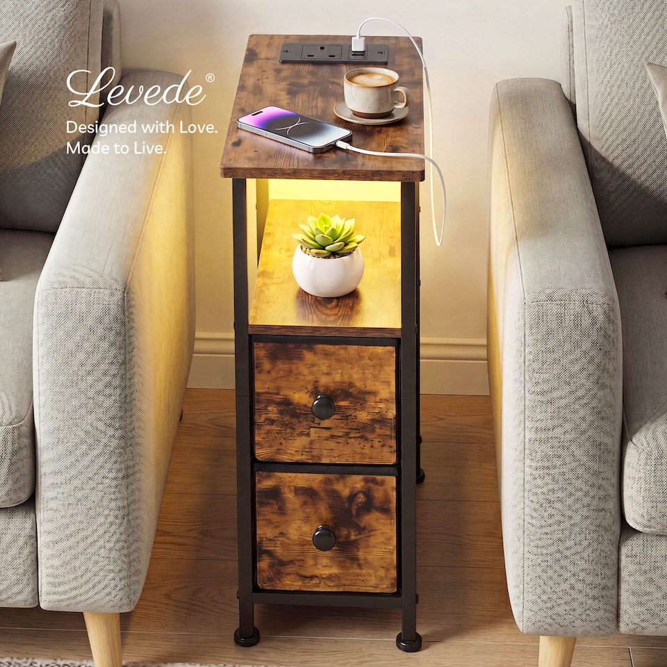 image 1 of Levede Bedside Table Narrow Side Table with LED Charging Station Storage Brown