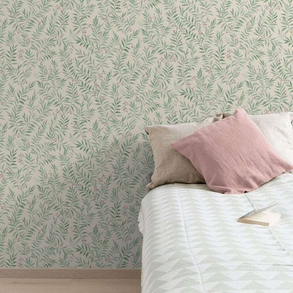 image 1 of Grandeco Maison Floral Trail Vinyl Textured Wallpaper - Sage Green - 10m x 53cm Green