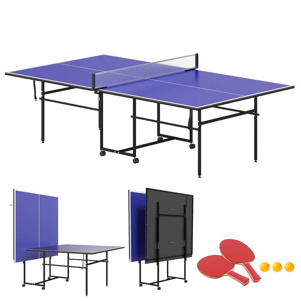image 1 of SPORTNOW 9FT Holding Tennis Table with Four Wheels, for Indoors, Blue