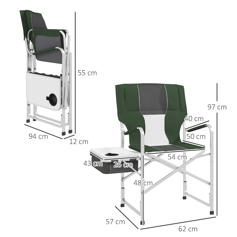 image 1 of Outsunny Aluminium Directors Chair, Folding Camping Chair for Adults with Side Table, Cup Holder, Cooler Bag and Pocket, Up to 120 kg, Green