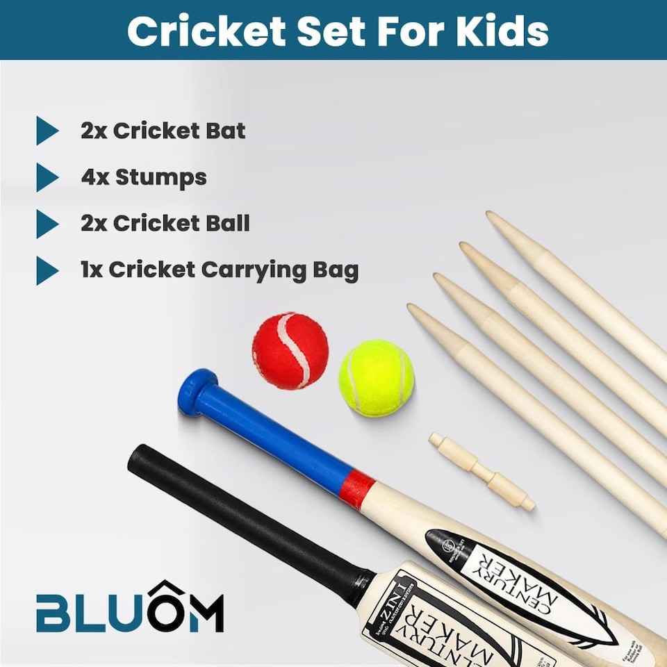 image 1 of BLUOM 2 in 1 Size 3 Cricket Set And Rounder Set With Mesh Carry Bag Outdoor Garden Games Fun