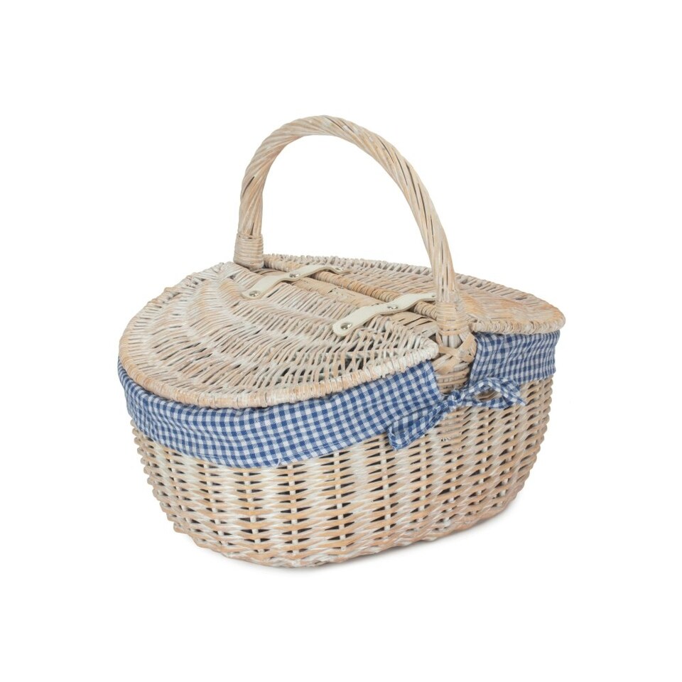 image 1 of White Wash Finish Oval Wicker Basket with Lining Blue | Blue | One Size