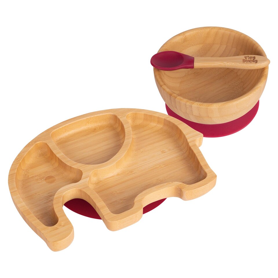 image 1 of Tiny Dining 3pc Bamboo Suction Feeding Set - Elephant/Red - Divided Non-Slip Bamboo Baby Self-Feeding Dining Weaning Set