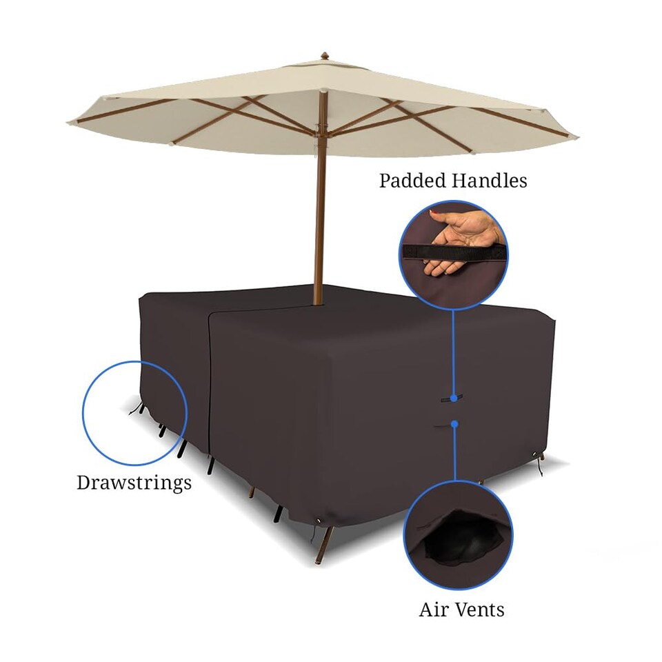 image 1 of Covers&All Rectangle Table & Chair Set Cover, Umbrella Hole, 12 Oz Waterproof UV & Weather Resistant, 108 in L x 82 in W x 23 in H, Coffee