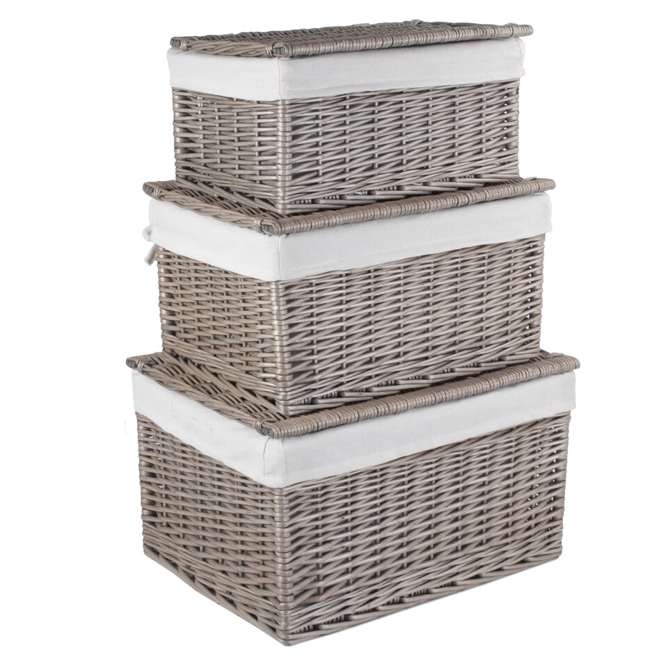 image 1 of Set of 3 Small Antique Wash Cotton Lined Wicker Storage Basket | Brown | Brown | Not provided