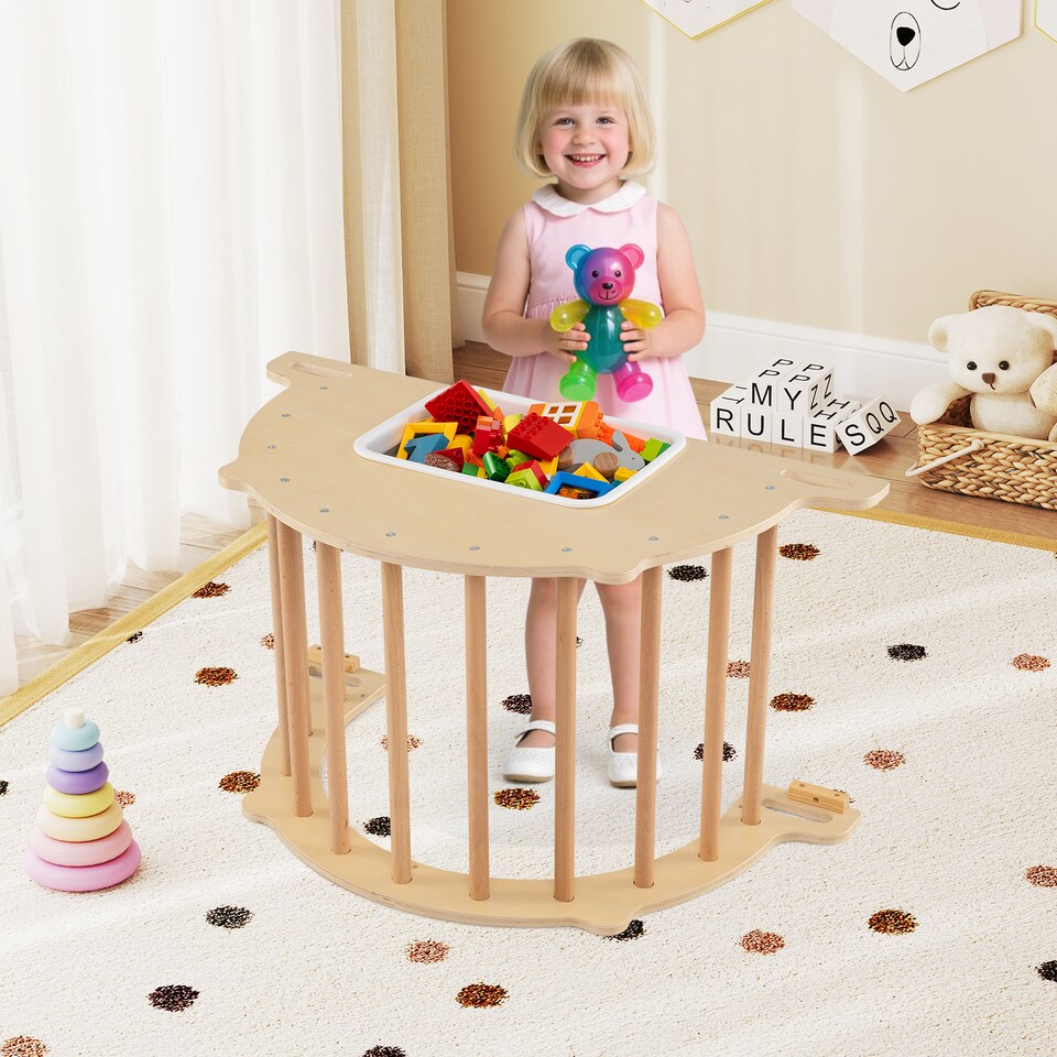 image 1 of COSTWAY Kids Climbing Arch Sensory Table Montessori Wooden Climber Toy-Natural