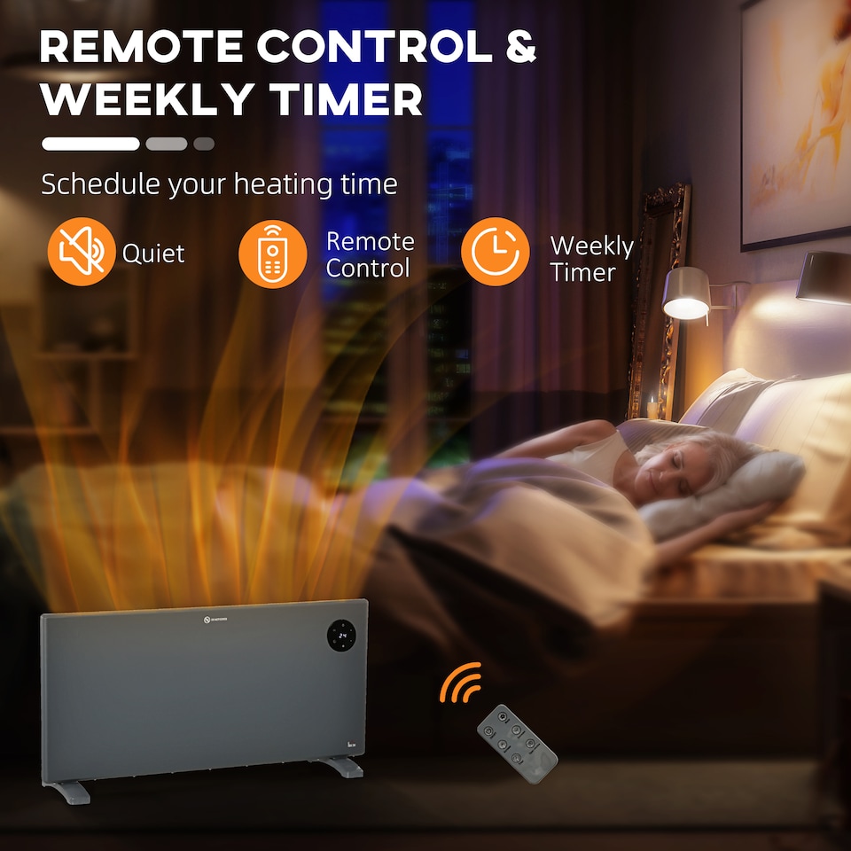 image 1 of HOMCOM 2000W Electric Panel Heater, Freestanding or Wall Mounted, Convector Heater with LED Display, Open Window Detection, Timer, Overheat Protection, Remote Control, Grey