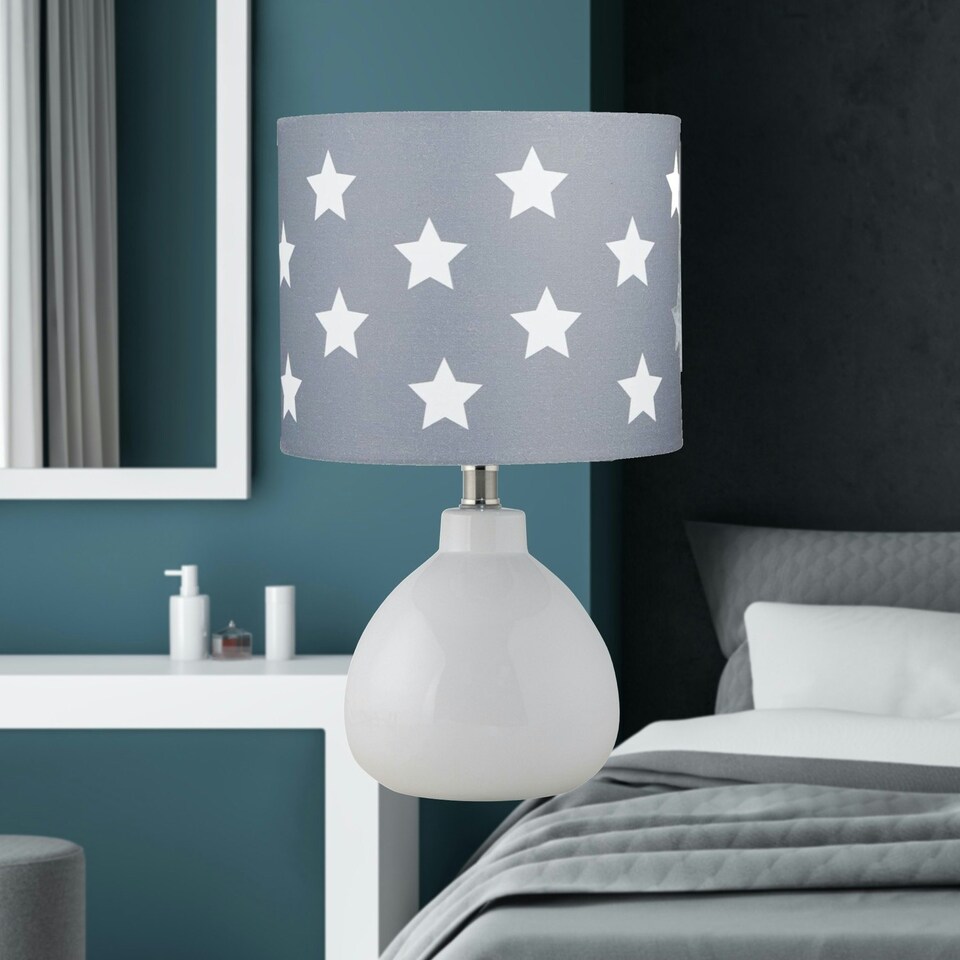 image 1 of First Choice Lighting Tuscan White Ceramic Lamp with Grey & White Stars Shade White | Grey