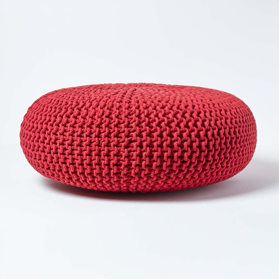 image 1 of Homescapes Red Large Round Cotton Knitted Pouffe Footstool | Red | 70 x 23 cm