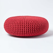 Homescapes Red Large Round Cotton Knitted Pouffe Footstool | Red | 70 x 23 cm