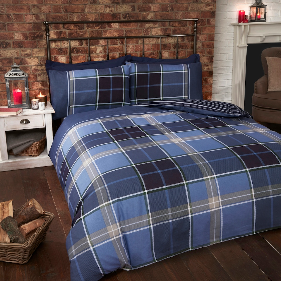 image 1 of Argyle Design Tartan Polyester Duvet Set With Pillowcase Grey | Single
