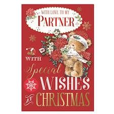 With Love To My Partner Bear Carring Flower Bouquet Design Christmas Card