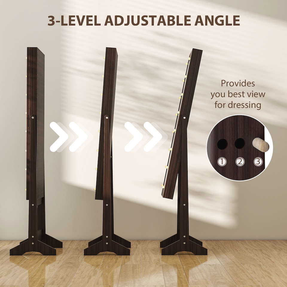 image 1 of HOMCOM Freestanding Mirror Jewelry Cabinet with LED Lights, Jewellery Organiser with 3 Angle Adjustable, Full-Length Mirror with Storage for Earrings, Necklaces, Rings and Lipsticks, Dark Brown | Brown | Dark Brown