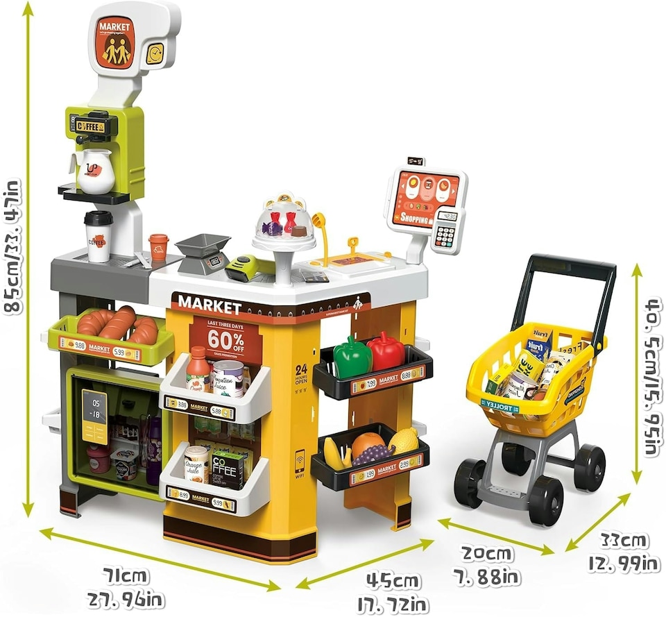 image 1 of 65PCS Supermarket Cart Toys Play Set with Cash Register Scanner Play Food Light Music and Smoke Effects