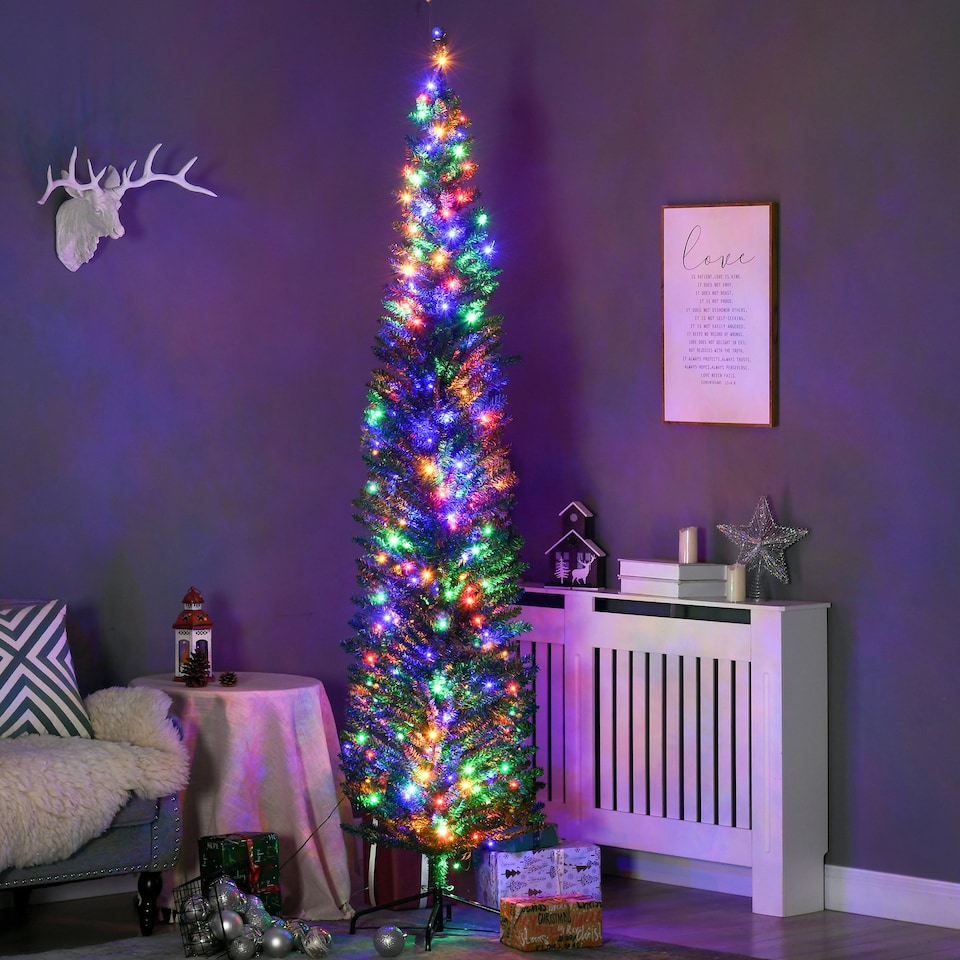 image 1 of HOMCOM 7.5ft Artificial Pencil Christmas Tree with Colourful Lights, Steel Base
