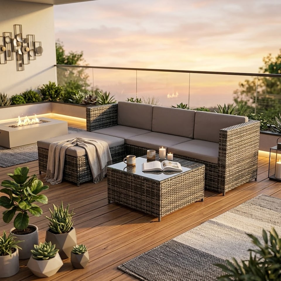 image 1 of Alivio 3-Seater PE Garden Rattan Corner Sofa Set with Coffee Table & UV-Resistant Cushions (Grey)