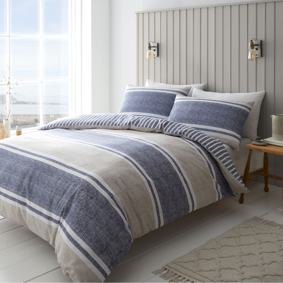 image 1 of Textured Banded Stripe Reversible Duvet Cover Set | Blue | Single