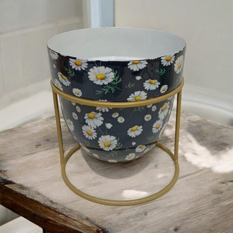 image 1 of Flower Print Design Planter on Stand - L13 x W13 x H13 cm Blue