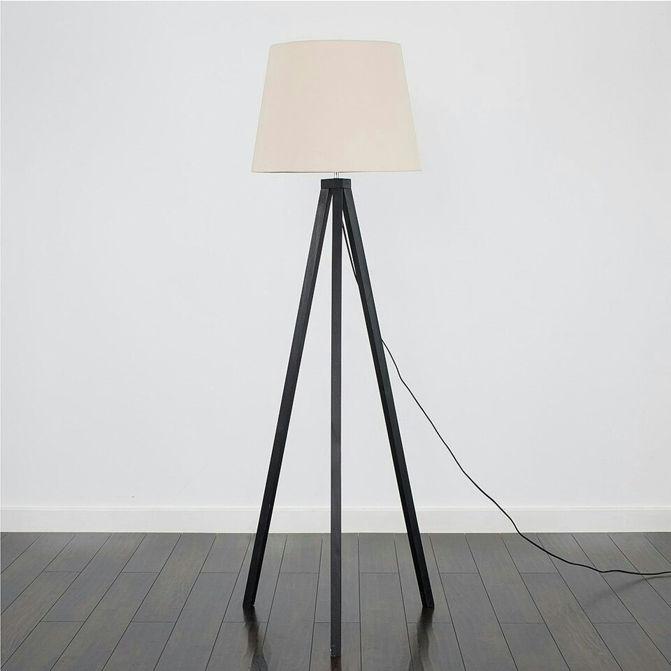 image 1 of ValueLights Modern Black Wood Tripod Floor Lamp With Beige Shade