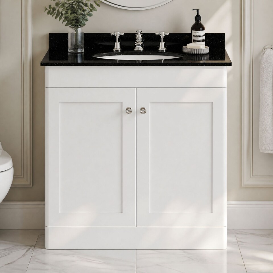 image 1 of Balterley Swynnerton Traditional 2 Door Floor Standing Vanity Unit with Marble Basin, Satin White, 800mm