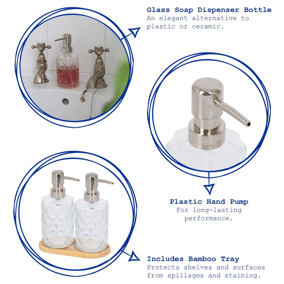 image 1 of Harbour Housewares 2pc Prism Glass Soap Dispenser Set with Bamboo Tray - 330ml Refillable Pump Bottles for Kitchen & Bathroom