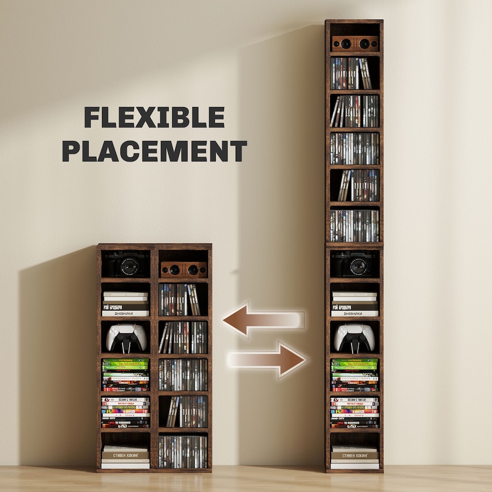 image 1 of HOMCOM 204 CD Media Display Shelf Unit Set of 2 Blu-Ray Tower Rack w  Adjustable Shelves Bookcase Storage Organiser, Rustic Brown