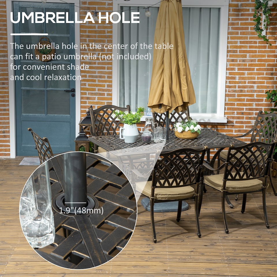 image 1 of Outsunny 7-PC Cast Aluminum Patio Dining Set w/ Umbrella Hole & Cushion, Bronze | Bronze | Bronze tone, Khaki | Table: 150x90x72.5cm, Chair: 62x65x91cm