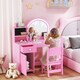 image 2 of AIYAPLAY Kids Vanity Table and Chair Set, Girls Dressing Table with 2-Colour LED Mirror, Stool, Cabinet, Drawer, Bookshelf and Shelves for Ages 3-8 Years | Pink