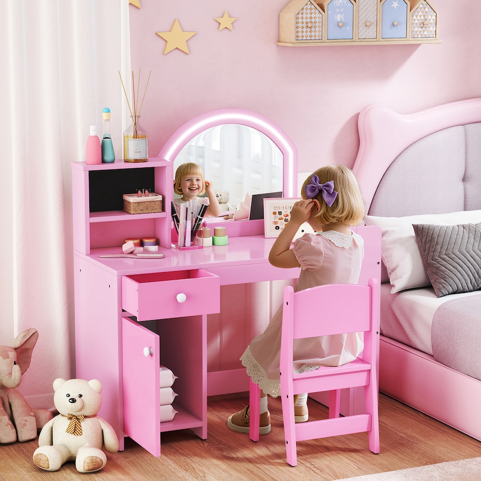 image 1 of AIYAPLAY Kids Vanity Table and Chair Set, Girls Dressing Table with 2-Colour LED Mirror, Stool, Cabinet, Drawer, Bookshelf and Shelves for Ages 3-8 Years | Pink