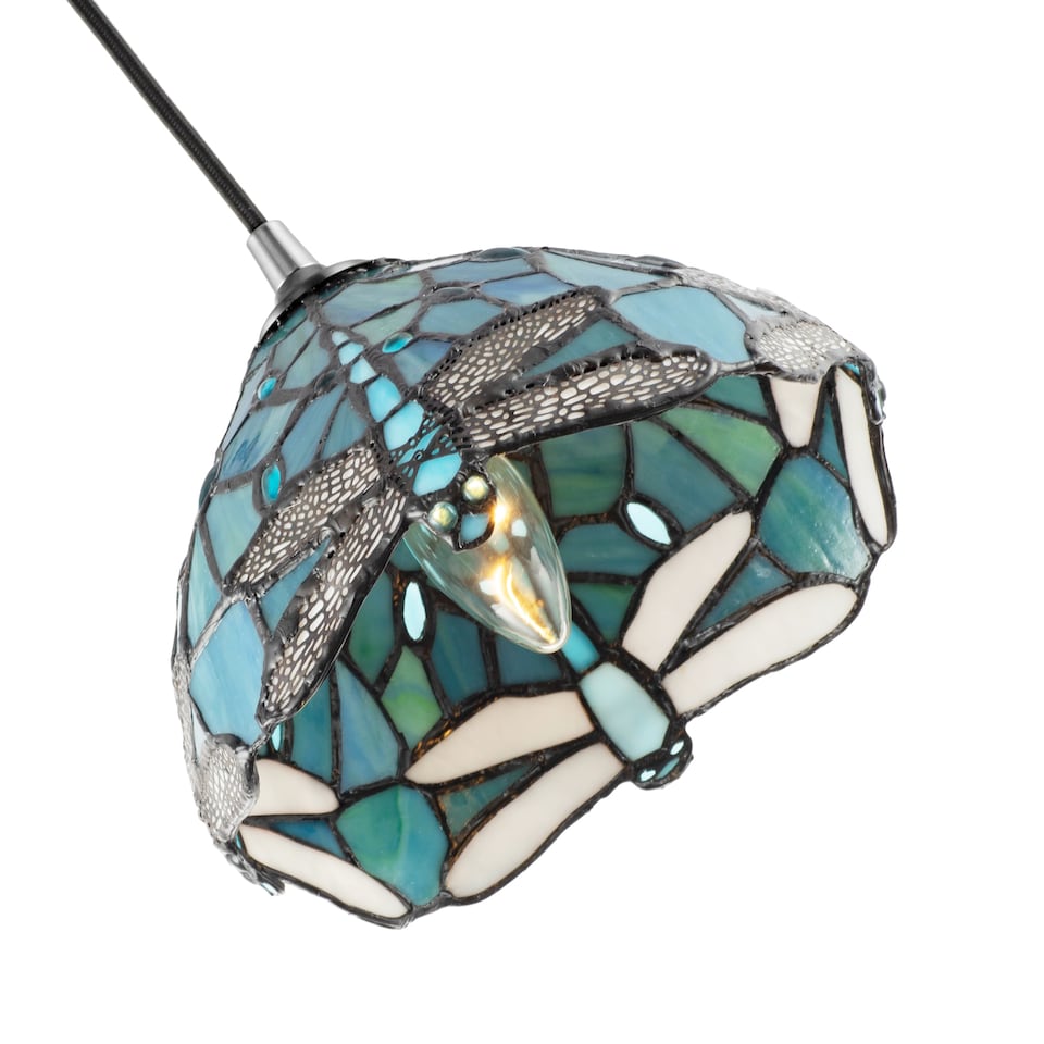 image 1 of Dragonfly Themed Emerald Stained Glass Tiffany Pendant Lighting Shade with Beads | Green