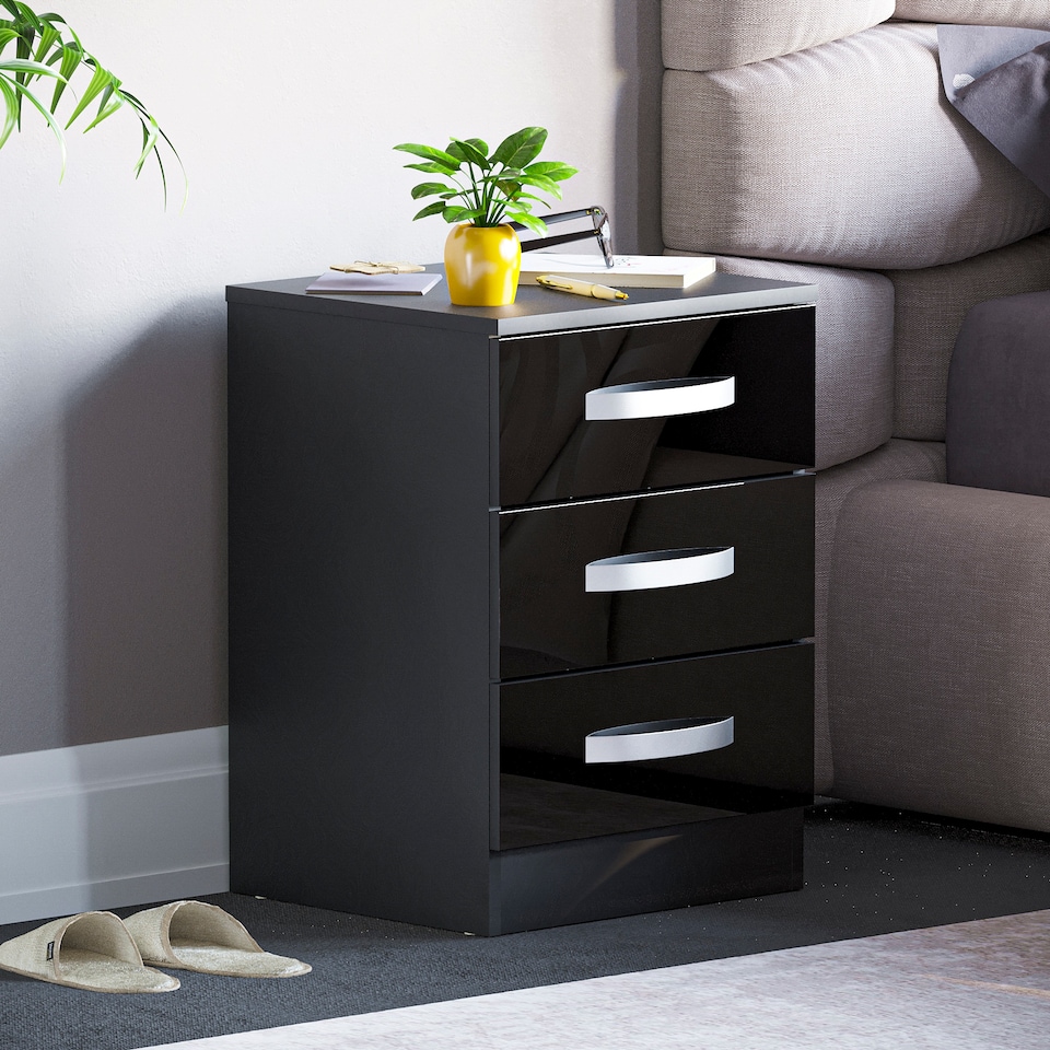 image 1 of Vida Designs Hulio 3 Drawer Bedside Chest High Gloss Cabinet Table Nightstand, Black