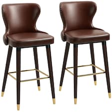 HOMCOM Bar Stools Set of 2, PU Leather Barstools with Backrest, Footrest and Solid Wood Legs, Dining Stools for Kitchen, Counter, Breakfast Bar, Brown