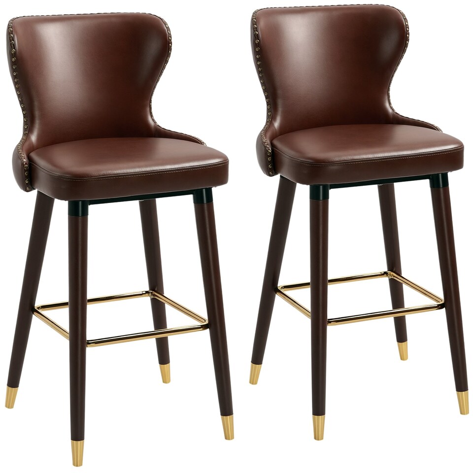image 1 of HOMCOM Bar Stools Set of 2, PU Leather Barstools with Backrest, Footrest and Solid Wood Legs, Dining Stools for Kitchen, Counter, Breakfast Bar, Brown