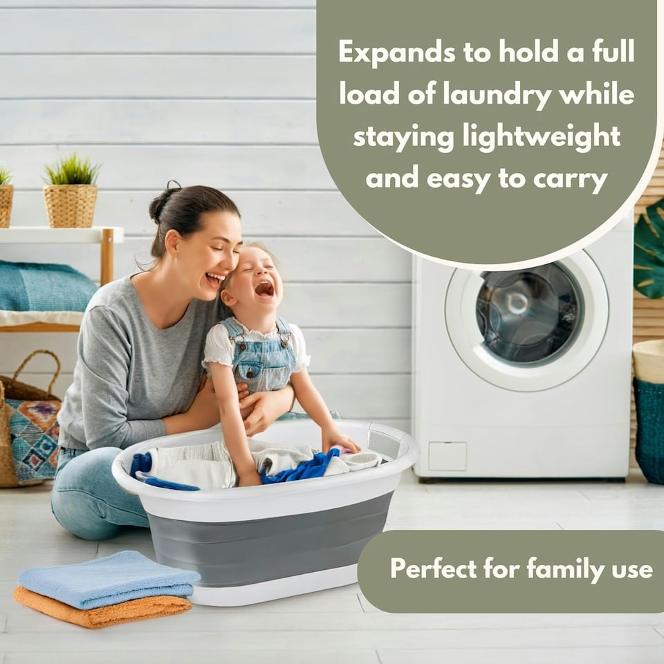 image 1 of Marco Paul Grey Plastic Collapsible Laundry Basket Large 22l Portable Storage Grey