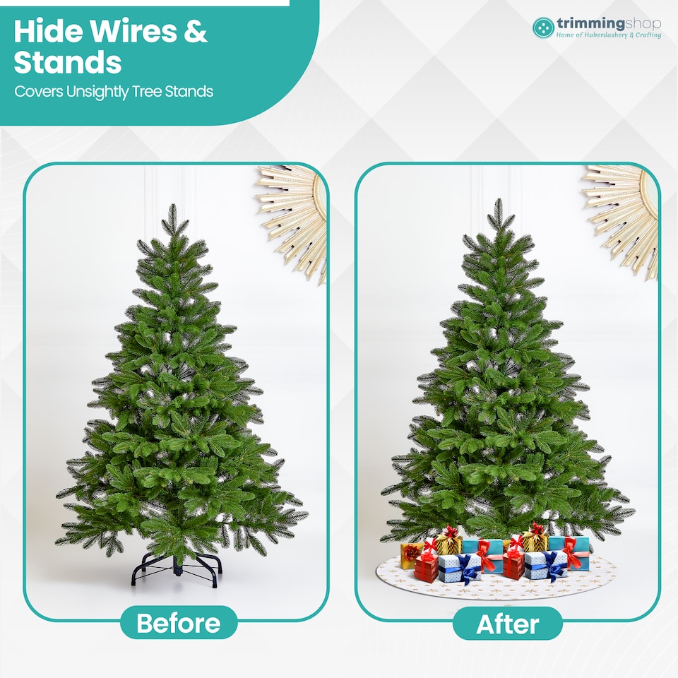 image 1 of 100cm White Christmas Tree Skirt with Snowflake Design, Gold Embroidered