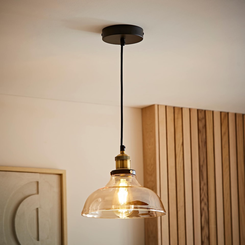 image 1 of ValueLights Industrial Black And Gold Amber Glass Pendant Ceiling Light | Orange