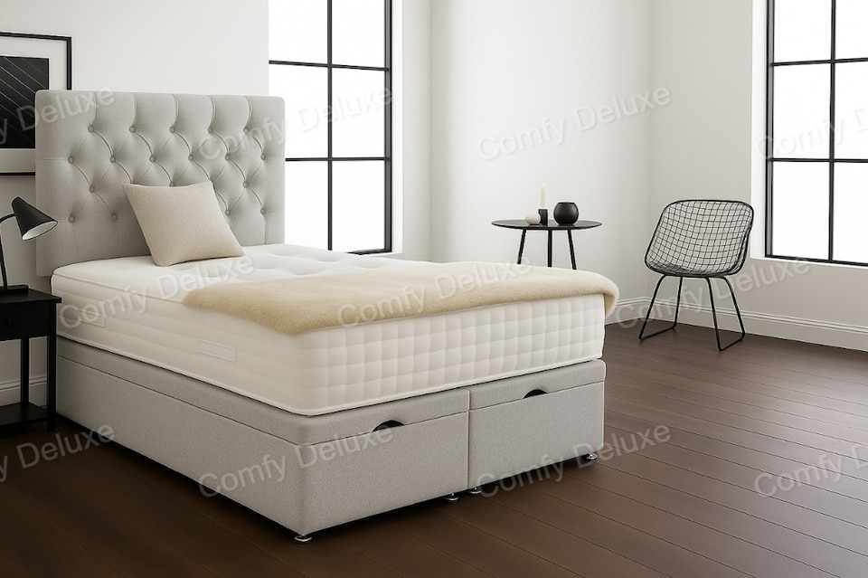 image 1 of Silver Linen 4ft6 Double  Ottoman Divan Foot Lift Open Bed Set Headboard With Memory Mattress