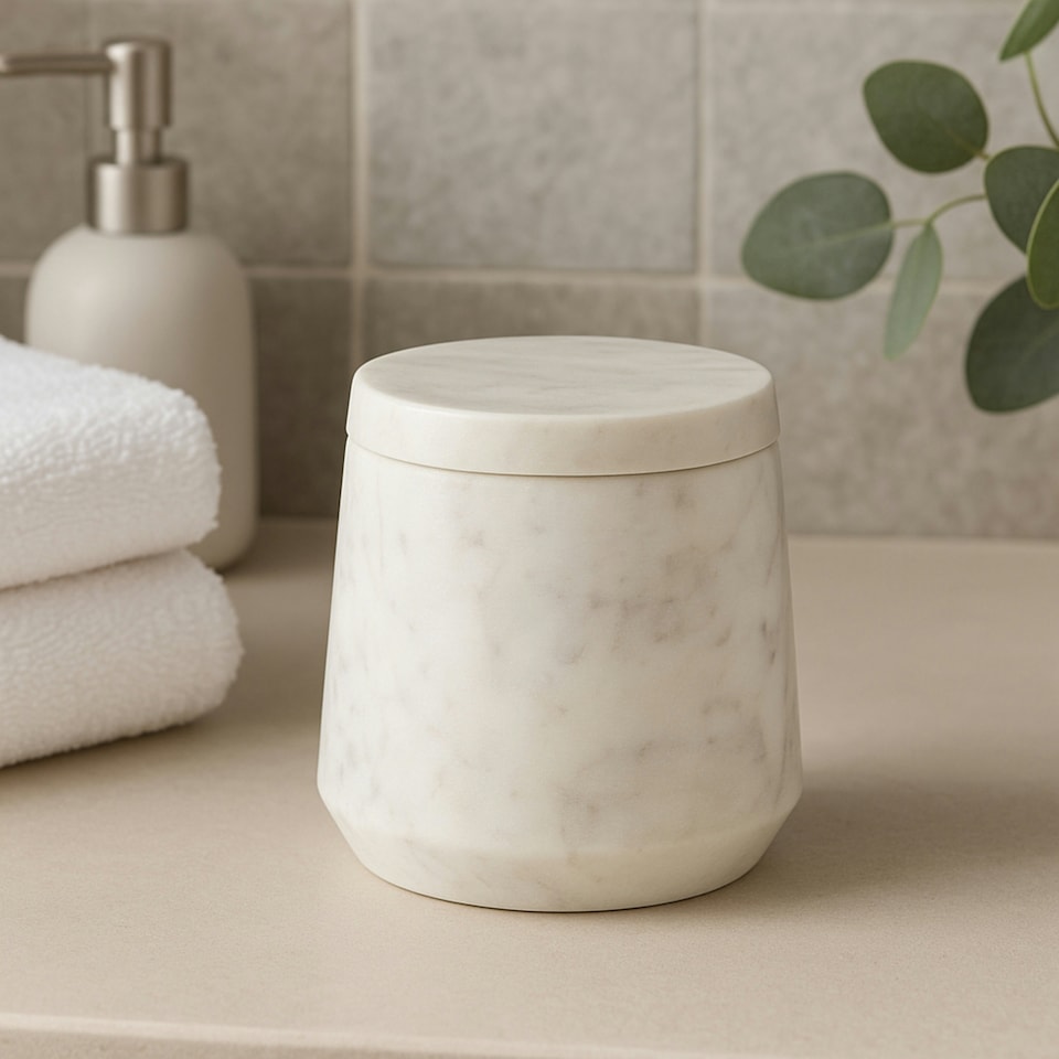 image 1 of Interiors by Premier Off White Marble Cotton Swab Holder With Lid, Cotton Bud Container For Vanity Use, Cotton Bud Dispenser