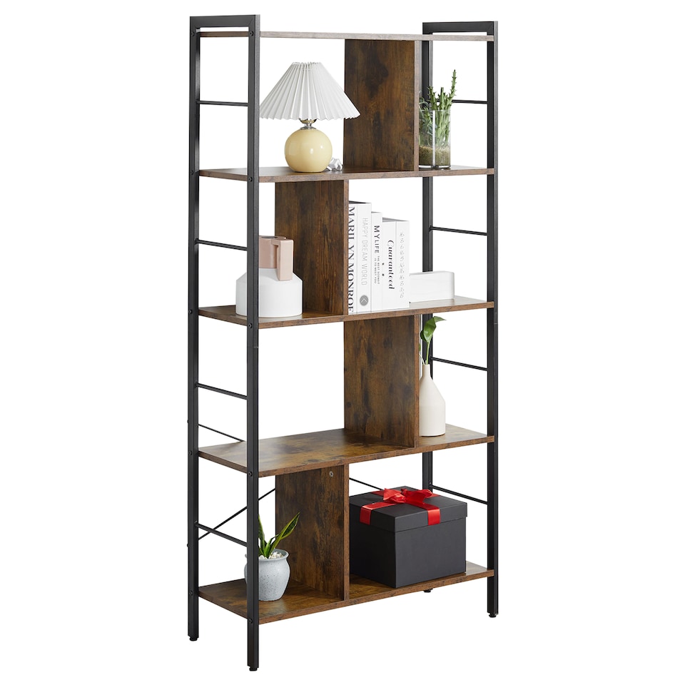 image 1 of HOMCOM Industrial Storage Unit, 5 Tiers Bookcase with Open Compartments for Office Living Room, Bedroom, Rustic Brown and Black