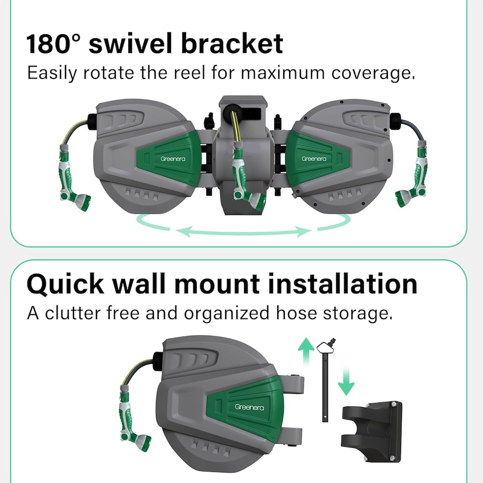 image 1 of Wall Mounted Garden Hose Reel Retractable Pipe Auto Rewind System 180 Degrees Swivel 30m