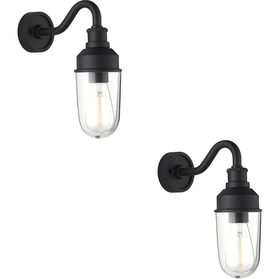 image 1 of 2 PACK IP44 Outdoor Wall Light - Textured Black Curved Arm Clear Glass Shade - Garage Porch Lamp