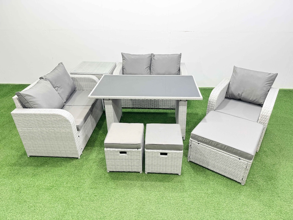 image 1 of Fimous Rattan Sofa Outdoor Furniture with Dining Table,Side Table,Love Sofa,3 Stools Patio Furniture Light Grey 8 Seater
