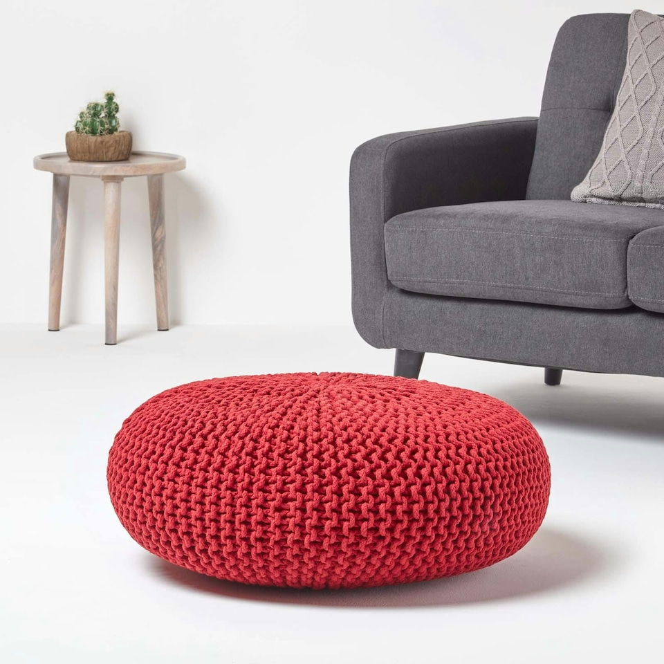image 1 of Homescapes Red Large Round Cotton Knitted Pouffe Footstool | Red | 70 x 23 cm