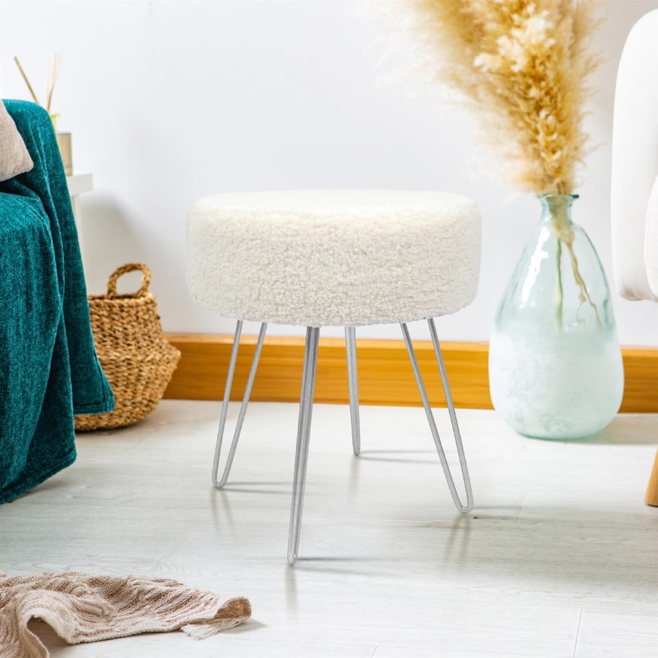 image 1 of Harbour Housewares Boucle Footstool - Round Modern Dressing Table Footstool Vanity Seat Chairs - 40 x 35cm - Silver Legs | Silver | Cream/Silver | Pack of 1 | 1