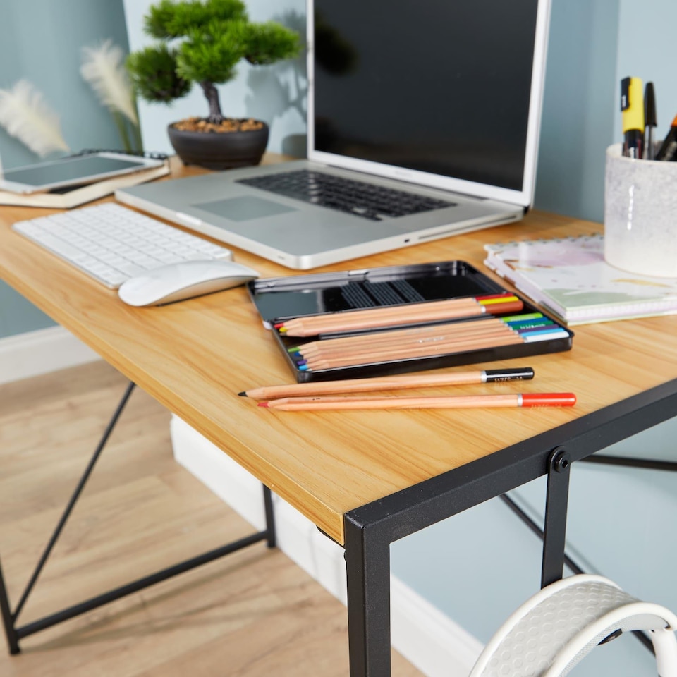 image 1 of Folding Compact Desk Storage Hook Wood Metal Office Computer Table Workstation | Brown