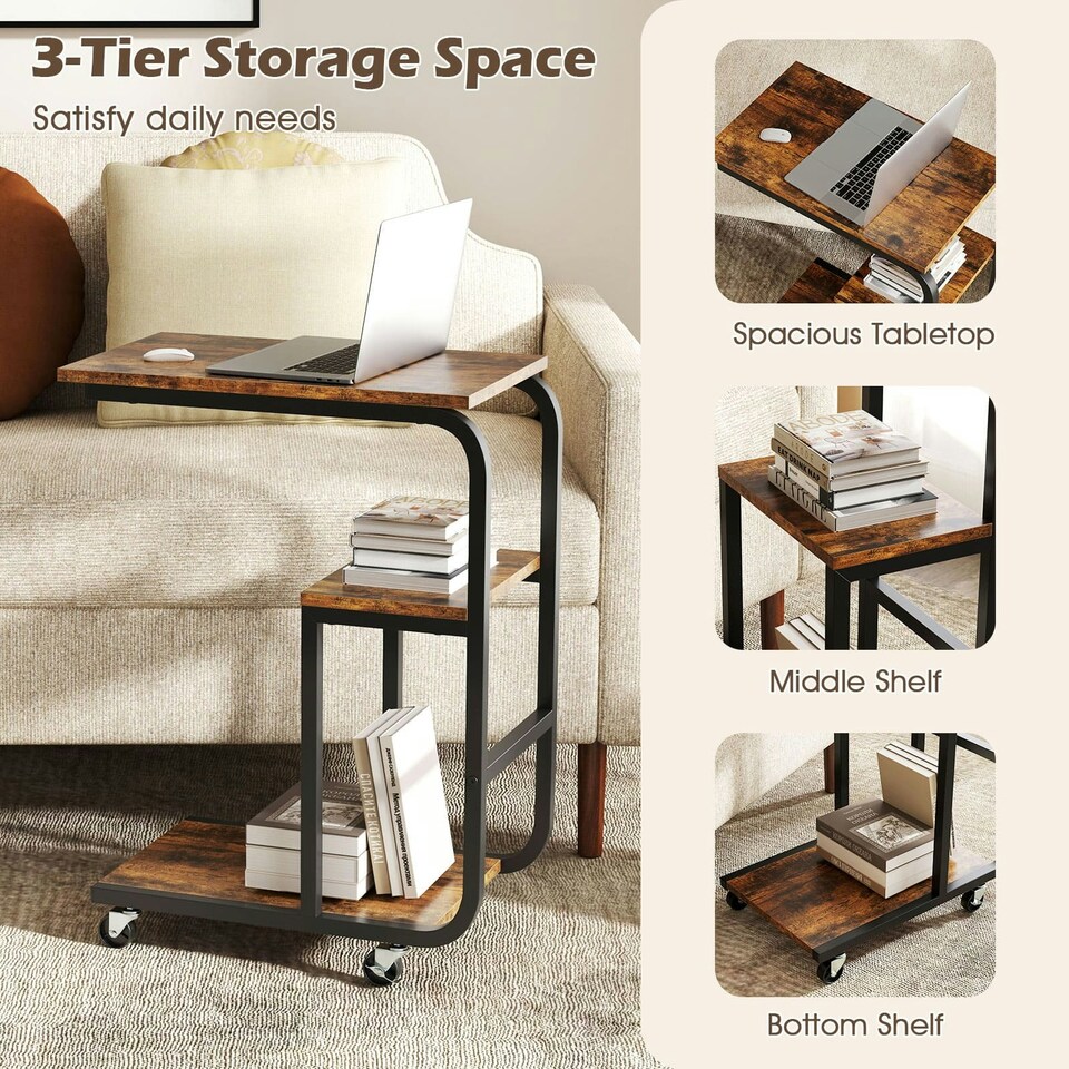image 1 of COSTWAY Set of 2 C-shaped End Table Couch Table w/Shelves Brown