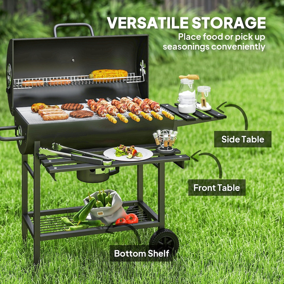 image 1 of Outsunny Charcoal BBQ Grill with Warming Rack Shelves Temperature Gauge
