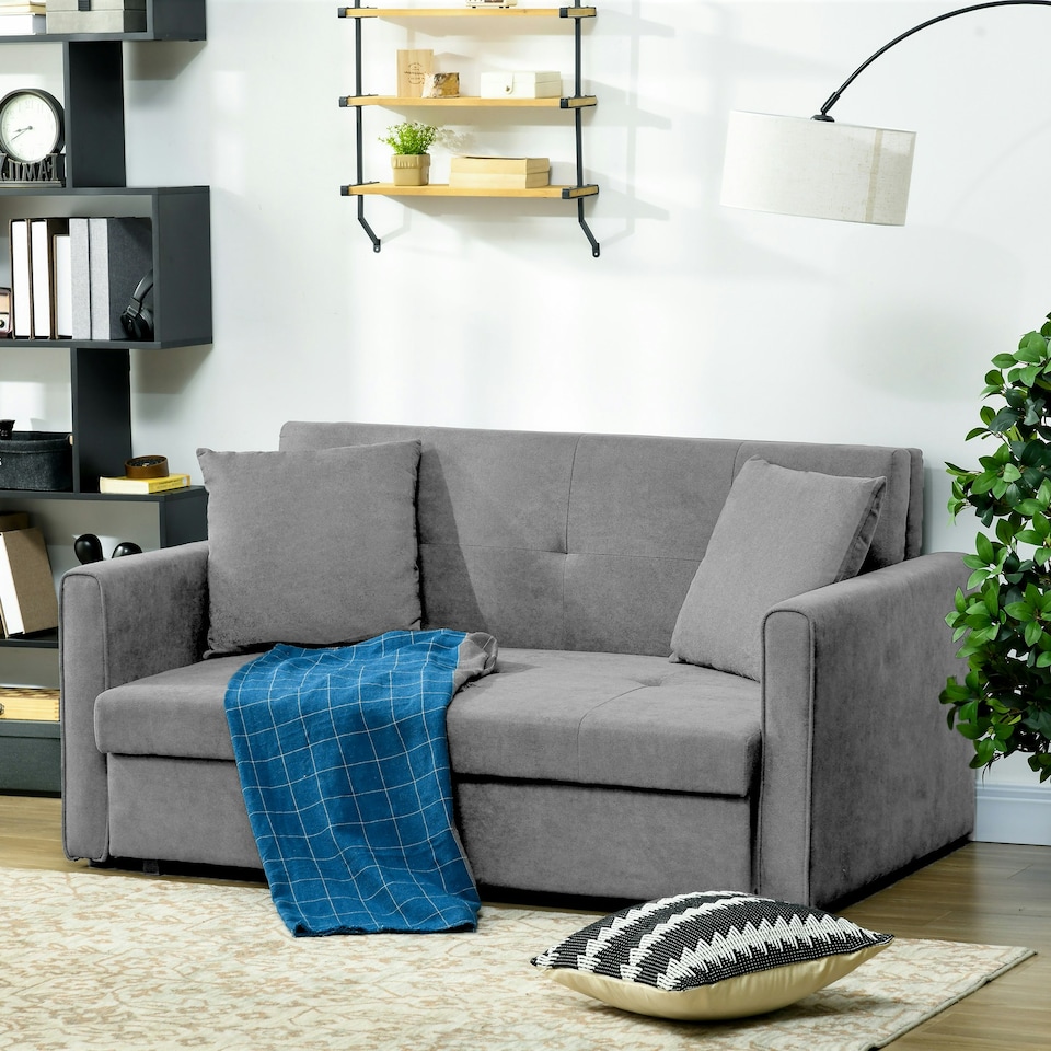 image 1 of HOMCOM 2 Seater Sofa Bed Convertible Bed Settee w/ 2 Cushions Storage Light Grey