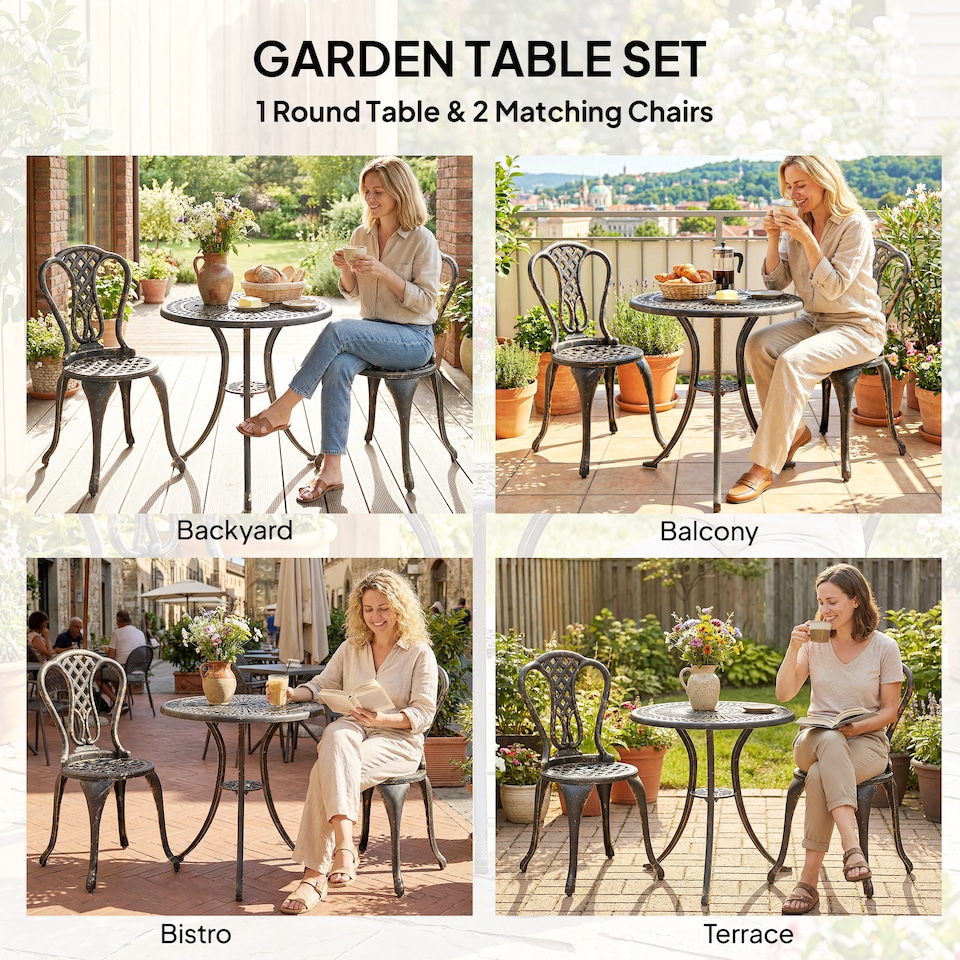 image 1 of Outsunny Garden Bistro Set Outdoor Table Chairs Aluminium Patio Lawn Furniture